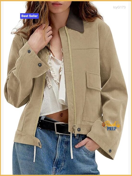 Jackets & Blazers - Faux Suede Cropped Zip Up Jacket with Contrast Collar and Pockets